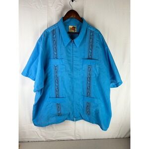 Haband‎ Guayabera Shirt Mens 4XL Blue Zip Front Embroidered Tropical 4-Pocket